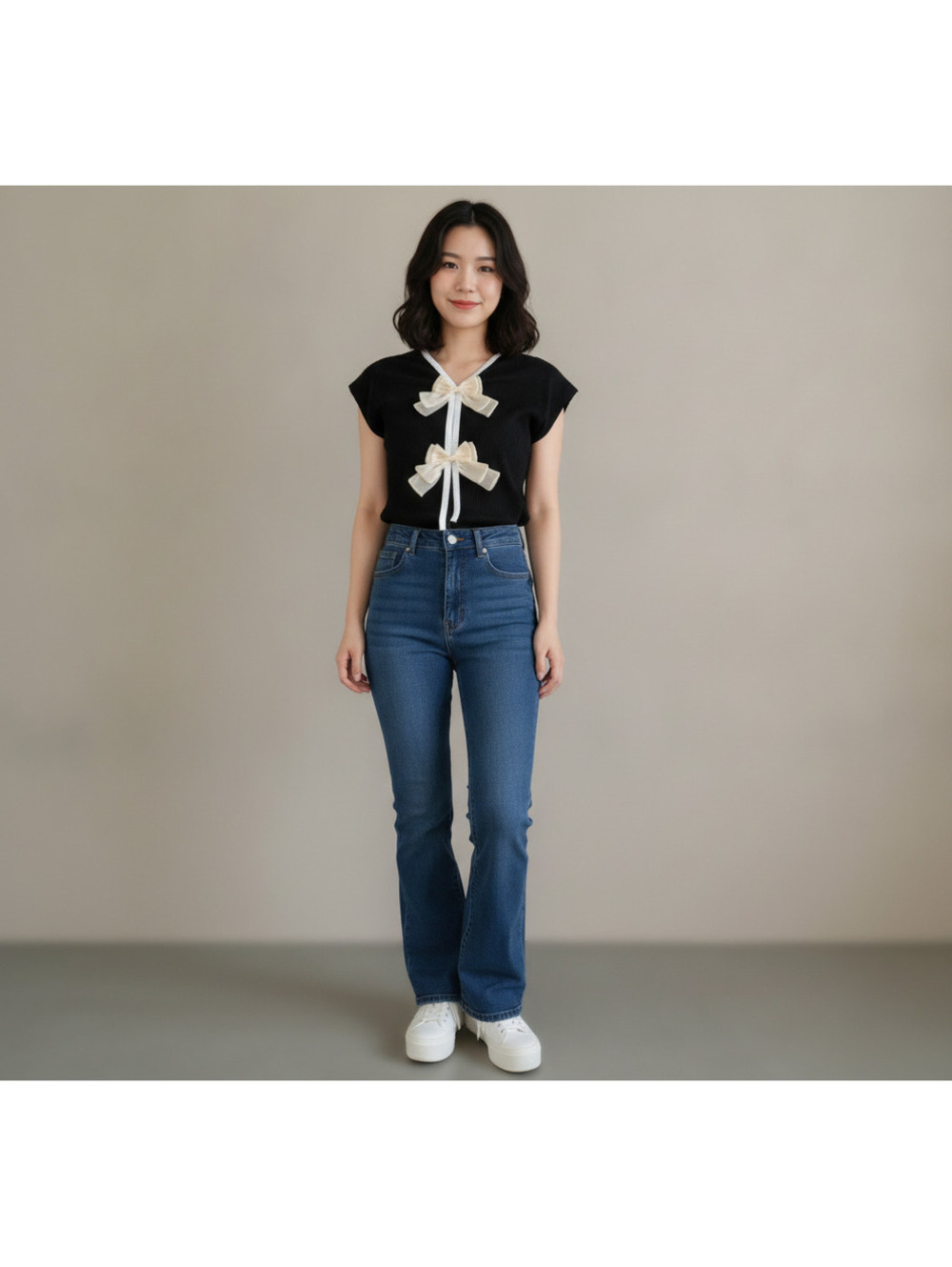 Shein Black Ribbed Cap Sleeve Top Cream Bows LargeDescription: